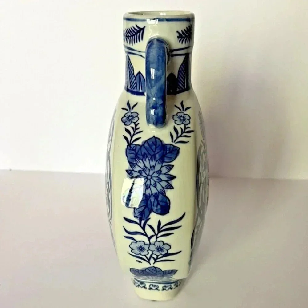 NEW Blue & White Floral Round Ceramic Bud Vase Jar with Handles 11
